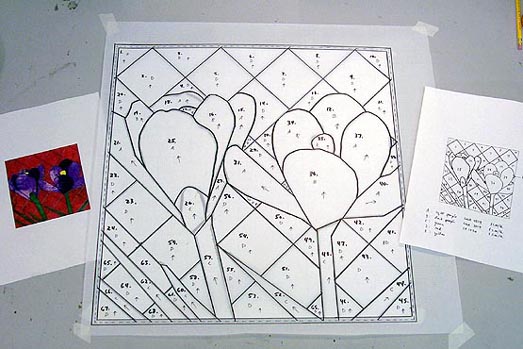 Left to right: a 1/16 size full-color printout of my original pattern design (two purple crocuses); my full-scale 18''x18'' pattern traced onto 1/8'' graph paper; a 1/16 size outline printout and color key